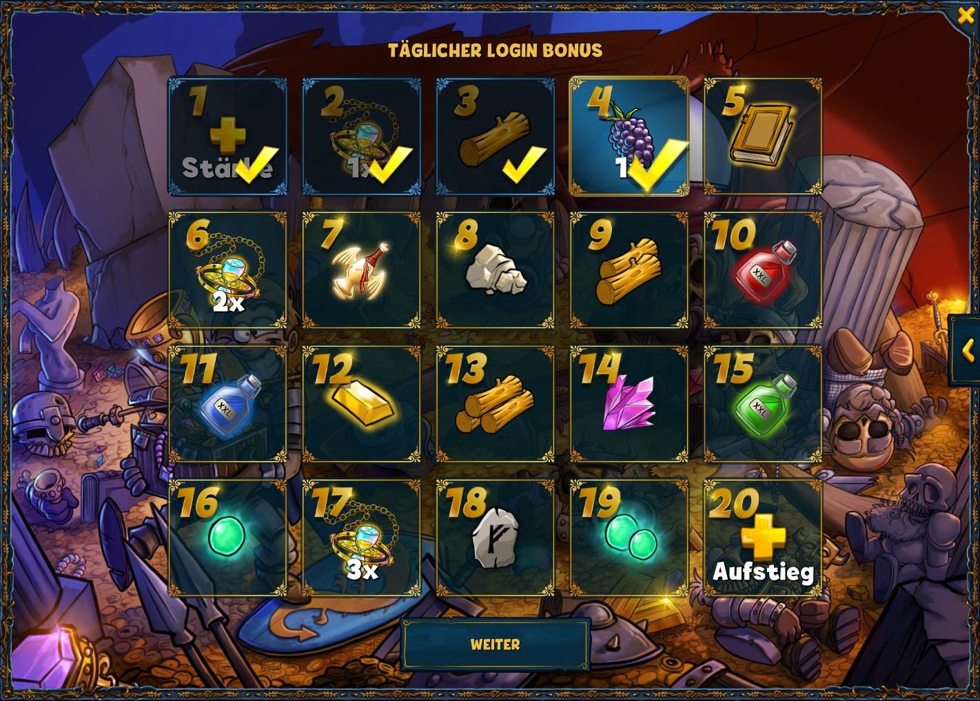 Belohnungsübersicht des Täglichen Login Bonus für März 2020 in Shakes and Fidget
