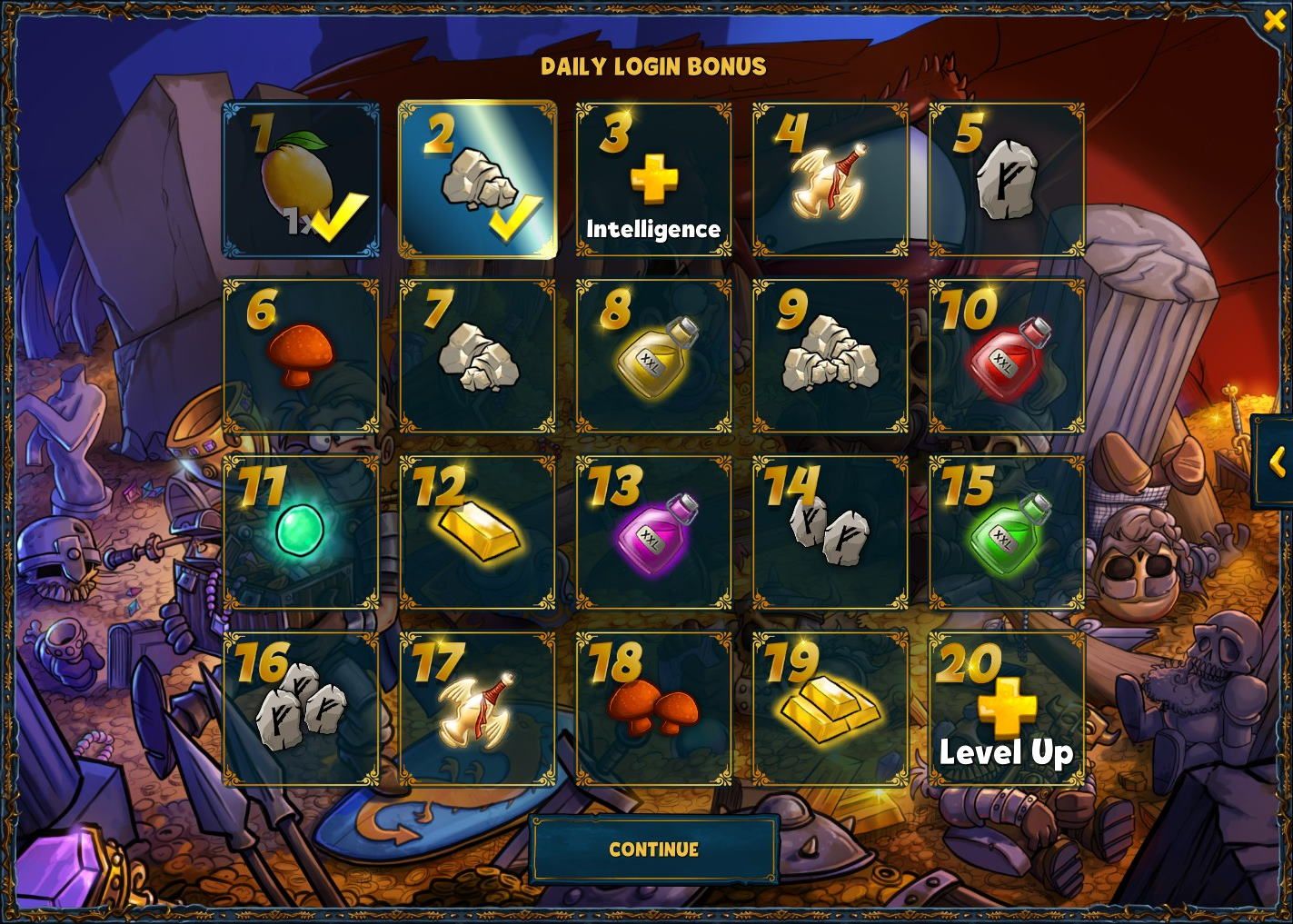 Belohnungsübersicht des Täglichen Login Bonus für April 2020 in Shakes and Fidget