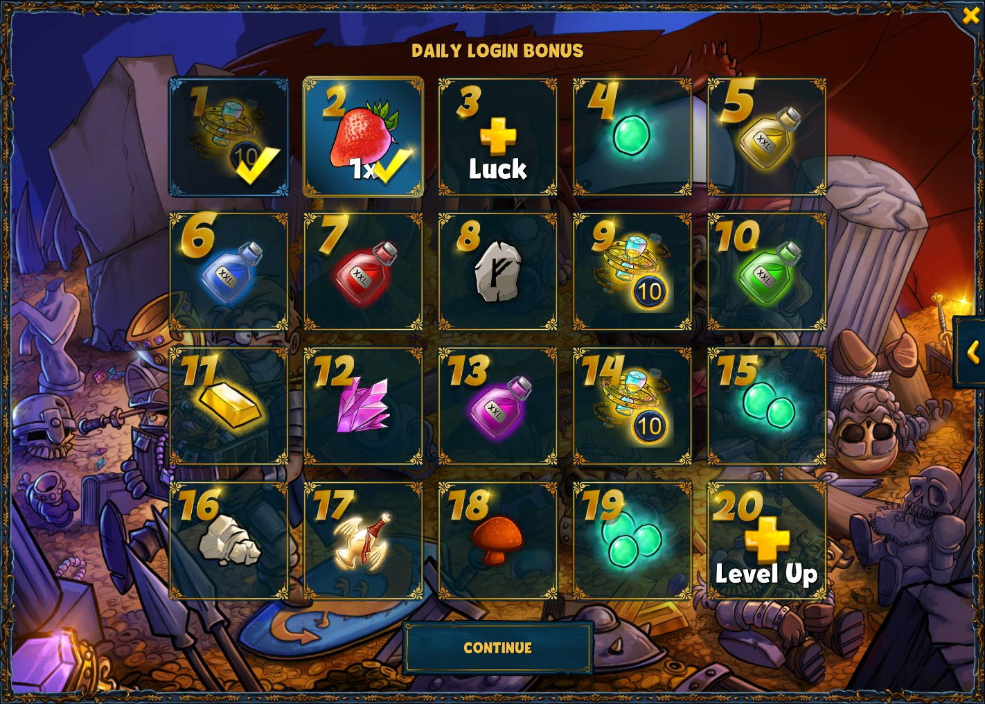 Belohnungsübersicht des Täglichen Login Bonus für Mai 2020 in Shakes and Fidget
